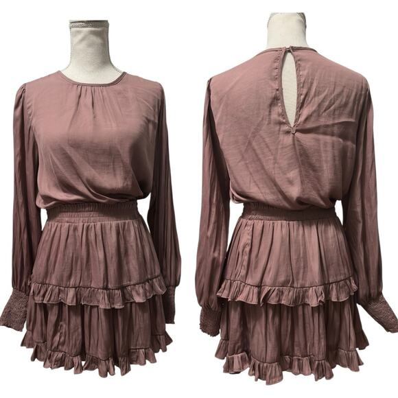 The Impeccable Pig Ruffle Tiered Mini Dress Smocked Waist Size Small Mauve Boho - Picture 1 of 8